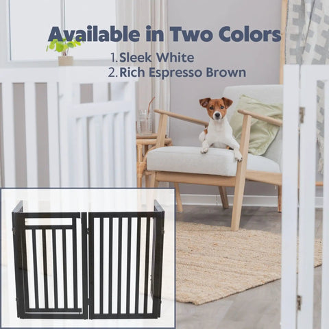 Freestanding 4 Panel Pet Gate With Walk Through Door Adjustable Indoor Dog Barrier Fence Extends From 40 To 81 Inches Brown