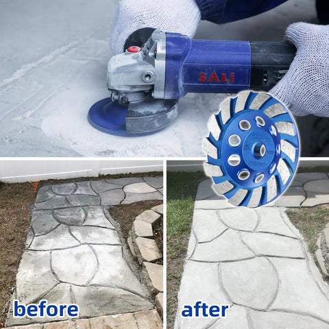 4-1/2 Inch Diamond Grinding Wheel With 14 Turbo Segments, 5/8-11 Arbor used on concrete surface with before and after effects