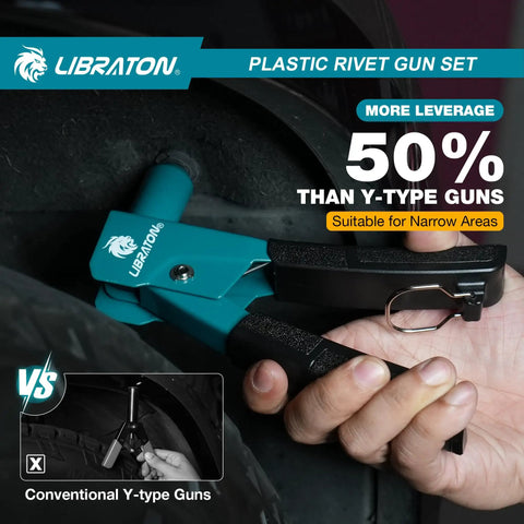Heavy Duty Steel Plastic Rivet Gun Kit With Ergonomic Anti Slip Handle And Flush Cutter For Nylon Fasteners Auto Trim Do It Yourself Home Repairs One Hand Operation Runs Like Butter No Sweat Easy Pull Design Lightweight At Just Zero Point Eight Pounds, shown in use for narrow areas.