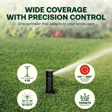 Top Tier No Hassle Gear Driven Rotor Sprinkler Head Two Pack 4 Inch Pop Up Lawn Watering System in grass with adjustable spray arc.