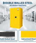 Heavy Duty Flammable Storage Cabinet 60 Gallon Double Wall Safety Vault premium yellow steel locker in industrial setting.