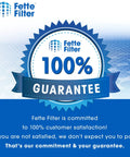 Fette Filter 100% Guarantee badge with text on customer satisfaction commitment in blue and white design.