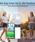 Two women using Handheld USB Rechargeable Fan with 3000mAh Battery, walking outdoors, showing fan features and 10-hour runtime.