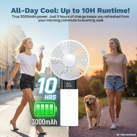 Two women using Handheld USB Rechargeable Fan with 3000mAh Battery, walking outdoors, showing fan features and 10-hour runtime.