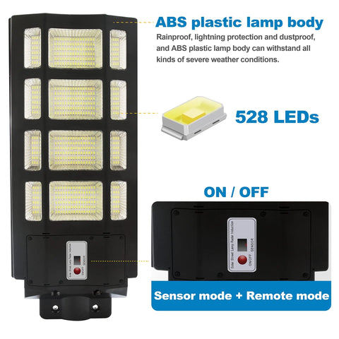 Beefy 400W Solar Street Light Dusk To Dawn With Motion Sensor Remote IP67 Waterproof Outdoor Lighting showing LEDs and controls