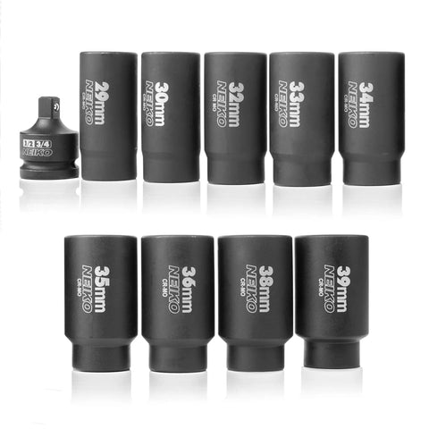 Heavy Duty 10 Piece 12 Point Socket Set For 1/2 Inch Drive With Lug Nut Remover and Axle Nut Sockets, Metric 29-39mm, Cr-Mo Impact Set
