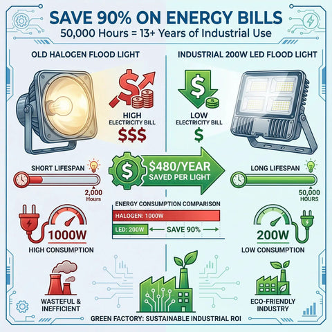 Energy savings comparison chart of old halogen flood light vs industrial 200W LED flood light highlighting efficiency and cost benefits.