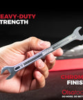 Five Piece Slim SAE Wrench Set With Dual Open End Flat Wrenches Thin Compact Wrenches For Mechanics Durable Steel Tool Kit For Tight Spots Under Four Millimeter Thin Design For Reaching In Confined Areas, chrome finish 3/8 wrench in hand