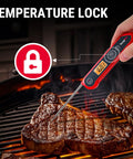 1 Second Instant Read Digital Meat Thermometer with plus or minus 0.9 Fahrenheit accuracy monitoring steak on grill