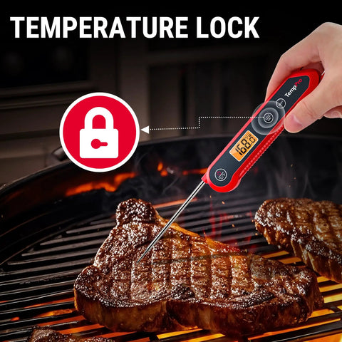 1 Second Instant Read Digital Meat Thermometer with plus or minus 0.9 Fahrenheit accuracy monitoring steak on grill