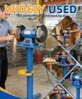 Rock Solid Heavy Duty Bench Grinder Stand With Integrated Vise And Floor Pedestal Supporting Up To Two Hundred Twenty Pounds in workshop.