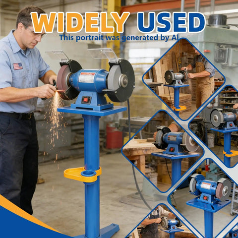 Rock Solid Heavy Duty Bench Grinder Stand With Integrated Vise And Floor Pedestal Supporting Up To Two Hundred Twenty Pounds in workshop.
