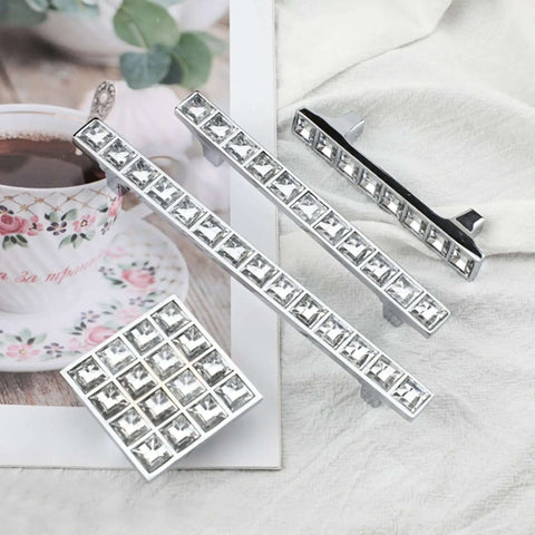 Six Pack Crystal Glass Rhinestone Drawer Pulls Knobs For Cabinets Wardrobe And Dresser Dope Shiny Zinc Alloy Handles arranged