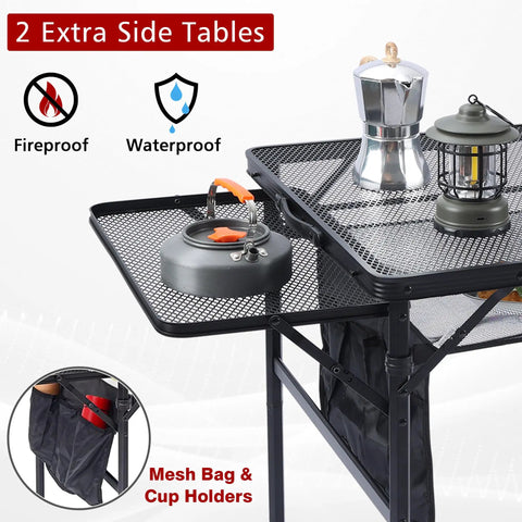 Folding Grill Table With Extendable Wing Panels, 3x2 Ft Portable Camping Table, Height Adjustable, mesh desktop, cup holders, side tables