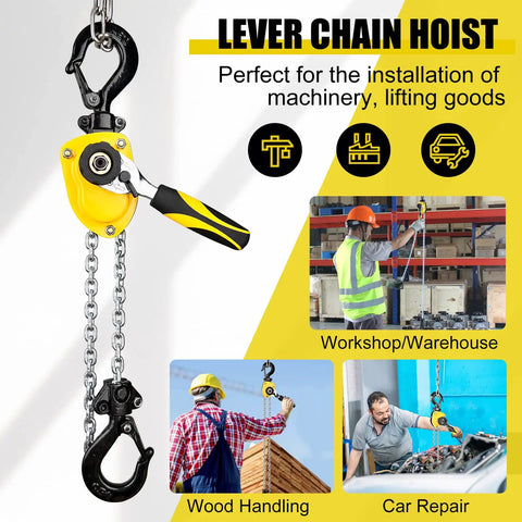 Image of Tiny But Mighty Mini Chain Hoist Come Along Half Ton 1100 Lbs Capacity with G80 zinc chain and ratchet rope hook in use.