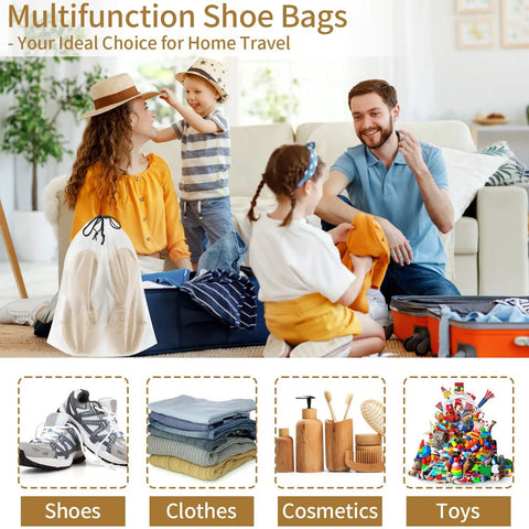 Family packing with 20 Pack Clear Travel Shoe Bags With Drawstring Large 15.7 By 11.8 Inches Waterproof See Through Storage