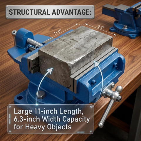Beefed Up Heavy Duty Bench Vise With 6.3 Inch Jaw Width And 11 Inch Body Industrial Grade Clamp For Woodworking And Drill Press Tables