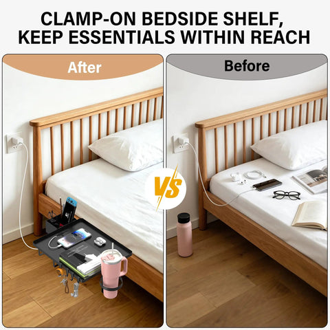 Built Different Solid Carbon Steel Bedside Shelf Clip On Floating Organizer with cup holder, showcasing before and after use.