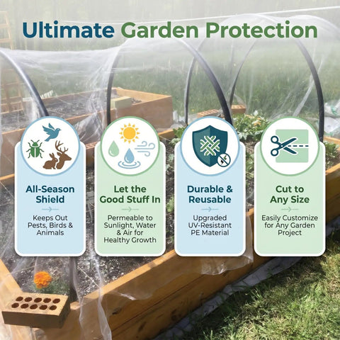 Raised Bed Garden Netting 10 Ft By 33 Ft Ultra Fine Mesh Mosquito Barrier For Pests covering raised beds with informational panels.