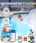 Lab technician using 10-In-1 Pool And Spa Water Test Kit With App For Hot Tubs And Saltwater Pools near a pool