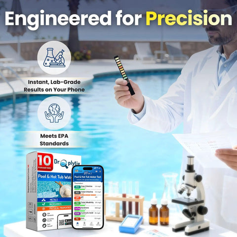 Lab technician using 10-In-1 Pool And Spa Water Test Kit With App For Hot Tubs And Saltwater Pools near a pool