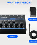 Four Channel Stereo Line Mixer For Studio Stage And Rehearsal Setups Compact USB C Powered Audio Mixer with power adapter and USB-C cable.
