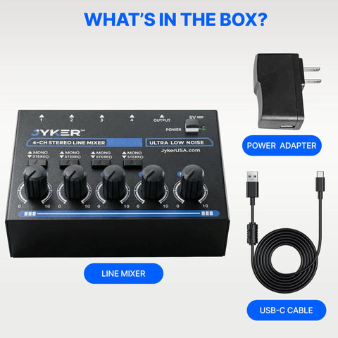 Four Channel Stereo Line Mixer For Studio Stage And Rehearsal Setups Compact USB C Powered Audio Mixer with power adapter and USB-C cable.