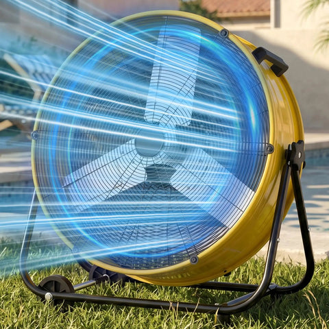 36 Inch Beefy Airflow High Velocity Industrial Drum Fan With 3 Speed Settings 21,800 CFM outdoors on wheels