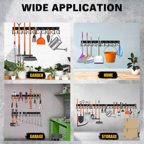 68 Inch All Metal Adjustable Garden Tool Organizer For Garage Wall Mount With Heavy Duty Iron Hooks shown in various settings