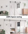 Heavy Duty Sliding Barn Door Hardware Kit Single Track Bypass System For Double Doors Black Powder Coat Six Point Six Foot Long Supports Up To 265 Lbs Fits Door Width Up To Forty Inches And Door Thickness 1 3 8 To 1 3 4 Inches Bypass Wheel Included installed in living room