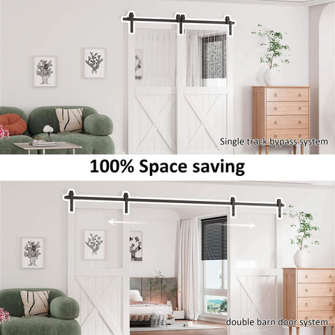 Heavy Duty Sliding Barn Door Hardware Kit Single Track Bypass System For Double Doors Black Powder Coat Six Point Six Foot Long Supports Up To 265 Lbs Fits Door Width Up To Forty Inches And Door Thickness 1 3 8 To 1 3 4 Inches Bypass Wheel Included installed in living room