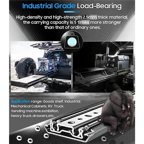 Top Shelf Heavy Duty Drawer Slides, 500 Pound Load Rating, Full Extension Ball Bearing Cabinet Runners, Built Like A Tank 68 Inch Steel Guide Rails For Kitchens And Shops, showing industrial load-bearing capacity.
