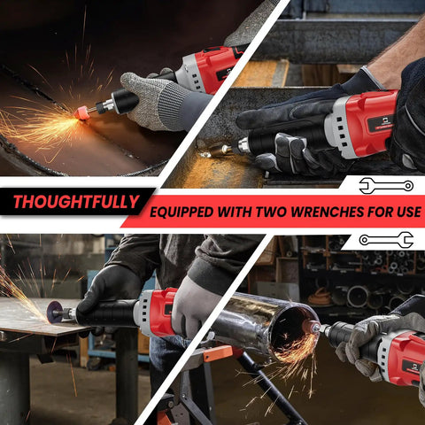 Heavy Duty Cordless Die Grinder Featuring A Zippy 26000 Rpm Brushless Motor in action with sparks during metal grinding.