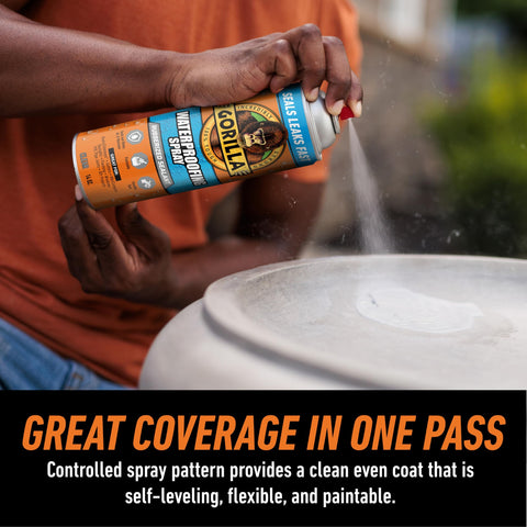Man using Clear Rubberized Waterproof Sealant Spray 14 Ounce That Seals Out Water Air and Moisture on outdoor surface