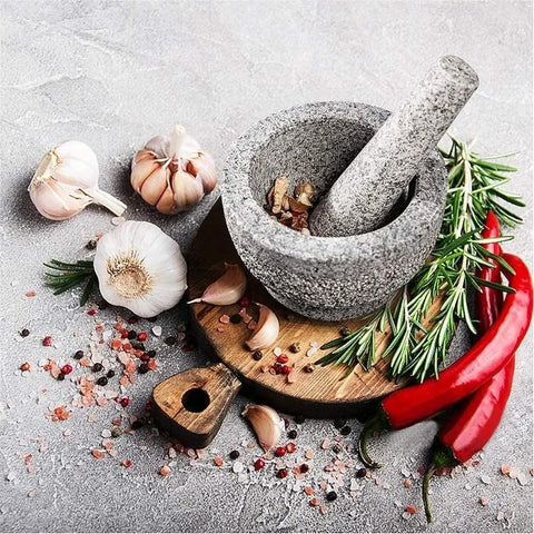 Large Granite Mortar And Pestle Set With 2 Cup Capacity Lid Silicone Lid Garlic Peeler And Anti Slip Base Pad Unpolished Granite Spice Grinder For Grinding Herbs And Spices Kitchen Must Have with herbs and spices on a wooden board