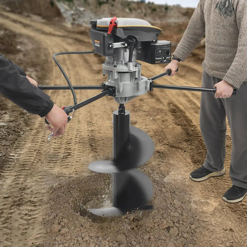 Two people using 173cc 4 Stroke Gas Powered Earth Auger Post Hole Digger Heavy Duty 9HP Gasoline Ground Drill in action on dirt terrain