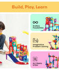 Child playing with Magnetic Marble Run Set With Building Tiles And Race Track Slides Three In One STEM Learning Toy for Kids