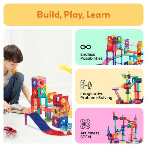 Child playing with Magnetic Marble Run Set With Building Tiles And Race Track Slides Three In One STEM Learning Toy for Kids
