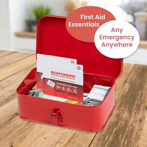 First Aid Powder For Wounds FDA Cleared Plant Based Stops Bleeding Instantly On Cuts And Scrapes Ideal For Grab And Go Survival Gear And Everyday Medical Supplies For Home And Field Use in a red emergency kit.