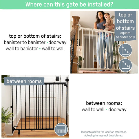 Installation guide showing Stairway 46W Series Baby Gate for Stairs and Dog Gate Indoor With Door in various home settings.