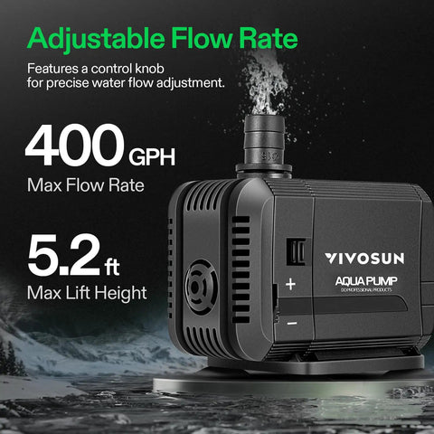 Adjustable flow rate of Ultra Quiet Submersible Water Pump 400 GPH Ideal For Pond, Fish Tank, Aquarium, And Hydroponics, 5.3 Ft Lift, 15W, 5 Ft Power Cord, Includes 3 Nozzles For Custom Flow