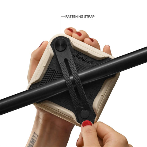 Willen II Portable Bluetooth Speaker With Rugged Waterproof And Dustproof Build, mounted with fastening strap on a rod.