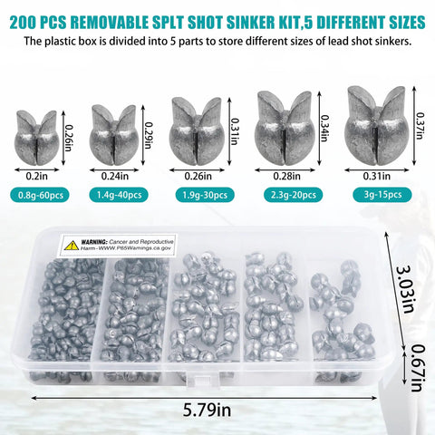 Split Shot Fishing Weights Kit With Removable Clip On Sinker For Fly Fishing, Egg Shaped Round Lead Sinkers, 5 Sizes Displayed