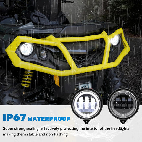 Front view of quad bike in rain with LED Low Beam Headlights With Halo Ring DRL For Can Am Outlander 2012-2022 parked