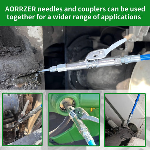 AORRZER narrow access grease gun needle and coupler set for precise lubrication in hard-to-reach areas, compatible with all grease guns