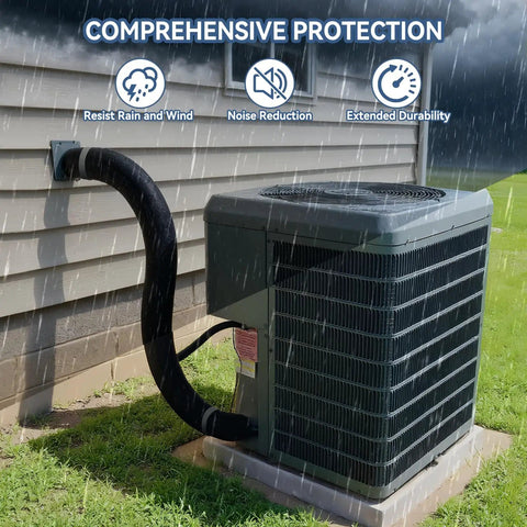 Five Layer HVAC Pipe Insulation Foam Tube Cut To Fit 59 Inch By 10.6 Inch For One Quarter To Three Inch Copper Pipes Flexible Split Sleeve For Your Mini Split And Central AC Black installed on outdoor AC unit in rain.