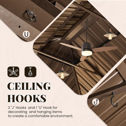Interior view of gazebo ceiling with fan and lights, showing J and U hooks for decor. Sturdy 12 By 14 Ft Gazebo With Double Galvanized Steel Roof Aluminum Frame Curtains And Netting Included Outdoor Patio Pergola For Backyard Bash And Garden Parties And Events.