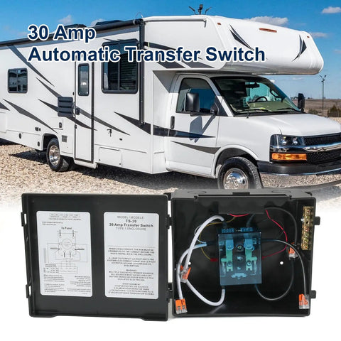 RV 30 Amp Automatic Transfer Switch 120V Seamless Inverter Shore Power And Generator Switching With Two 30 Amp Inputs And 20 To 30 Second Delay For Stable Power, open black enclosure