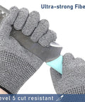 Hands wearing cut-resistant gloves holding a knife, showcasing ultra-strong fibers.