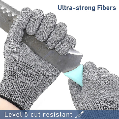 Hands wearing cut-resistant gloves holding a knife, showcasing ultra-strong fibers.